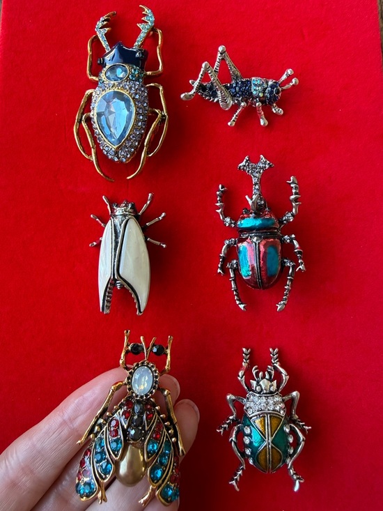SOLD Assorted Jeweled Beetle & Insect Brooch Pins - Blue, Teal, Gold, Cream - Picture 2 of 3